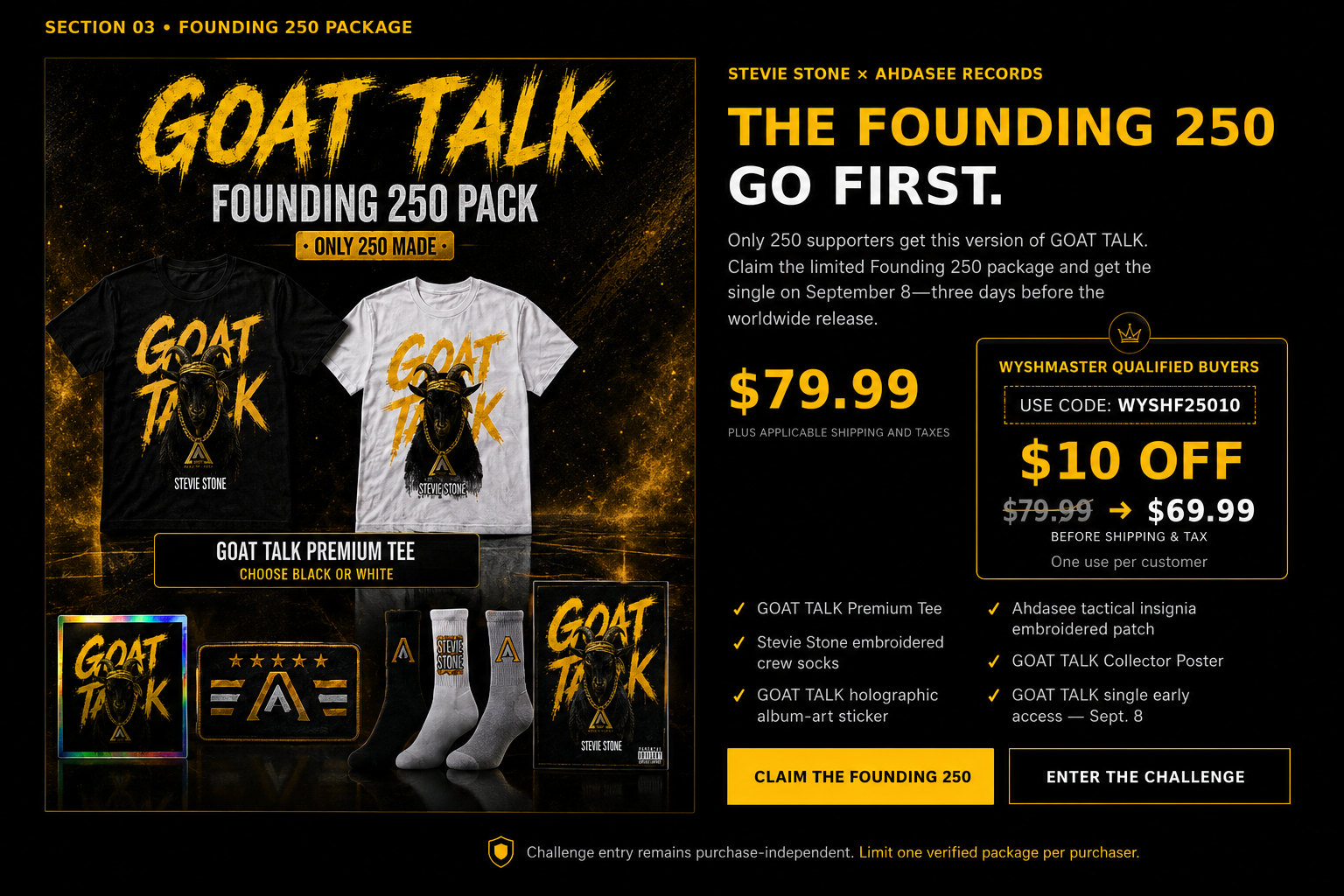 GOAT TALK Founding 250 package with WYSHF25010 coupon