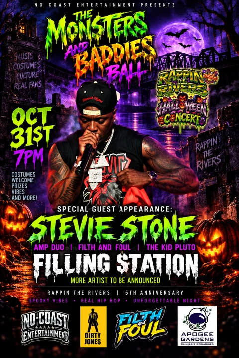 The Monsters and Baddies Ball at Filling Station, October 31 at 7 PM, featuring a special guest appearance by Stevie Stone, plus AMP DUO, Filth and Foul, and The Kid Pluto.